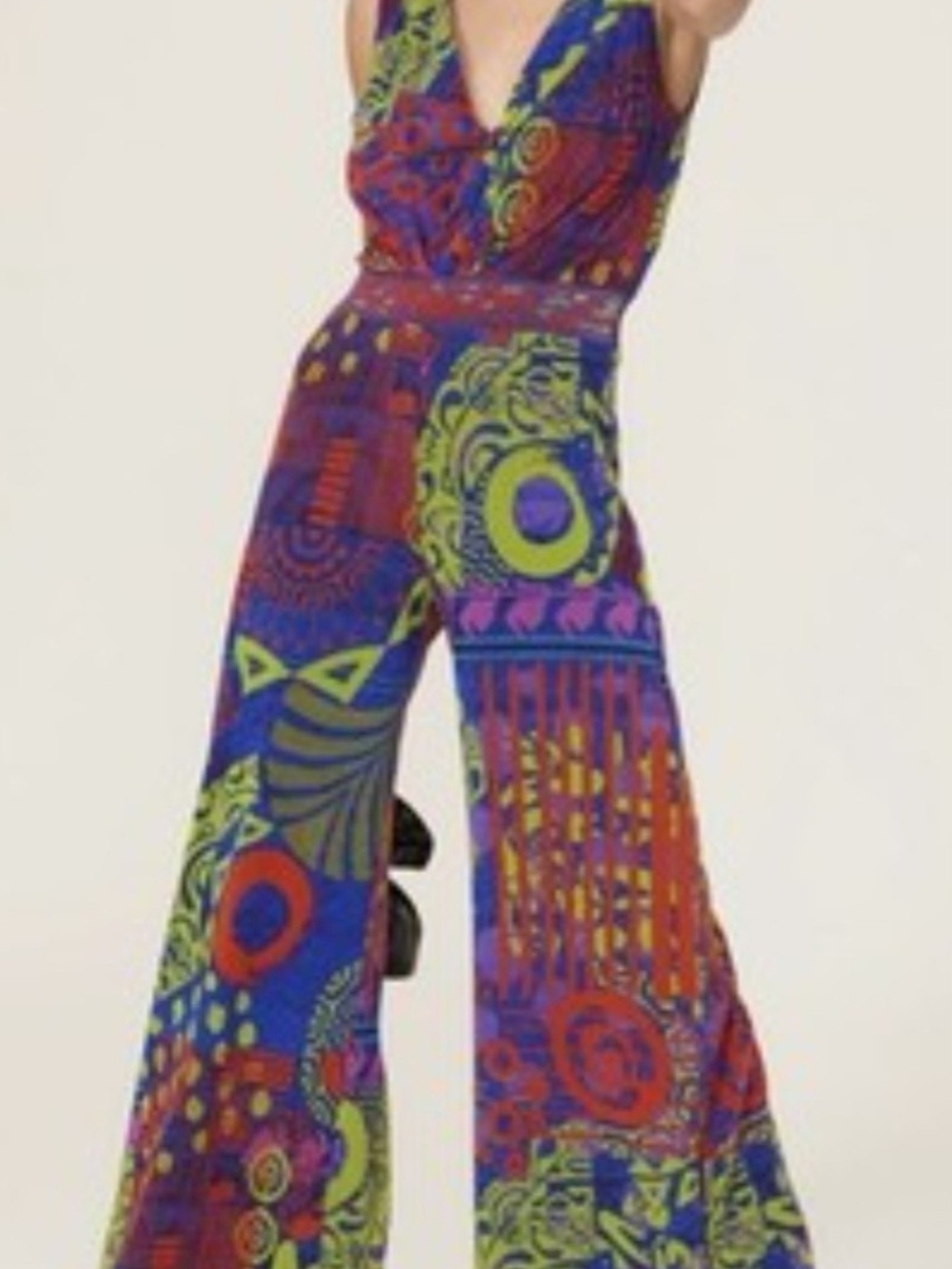 FUZZI Tuta Mesh Jumpsuit Size L Blue Green Abstract Retro Wide Leg